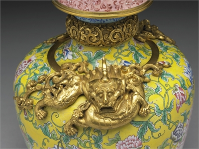 Painted enamel vase with dragons and peony decoration