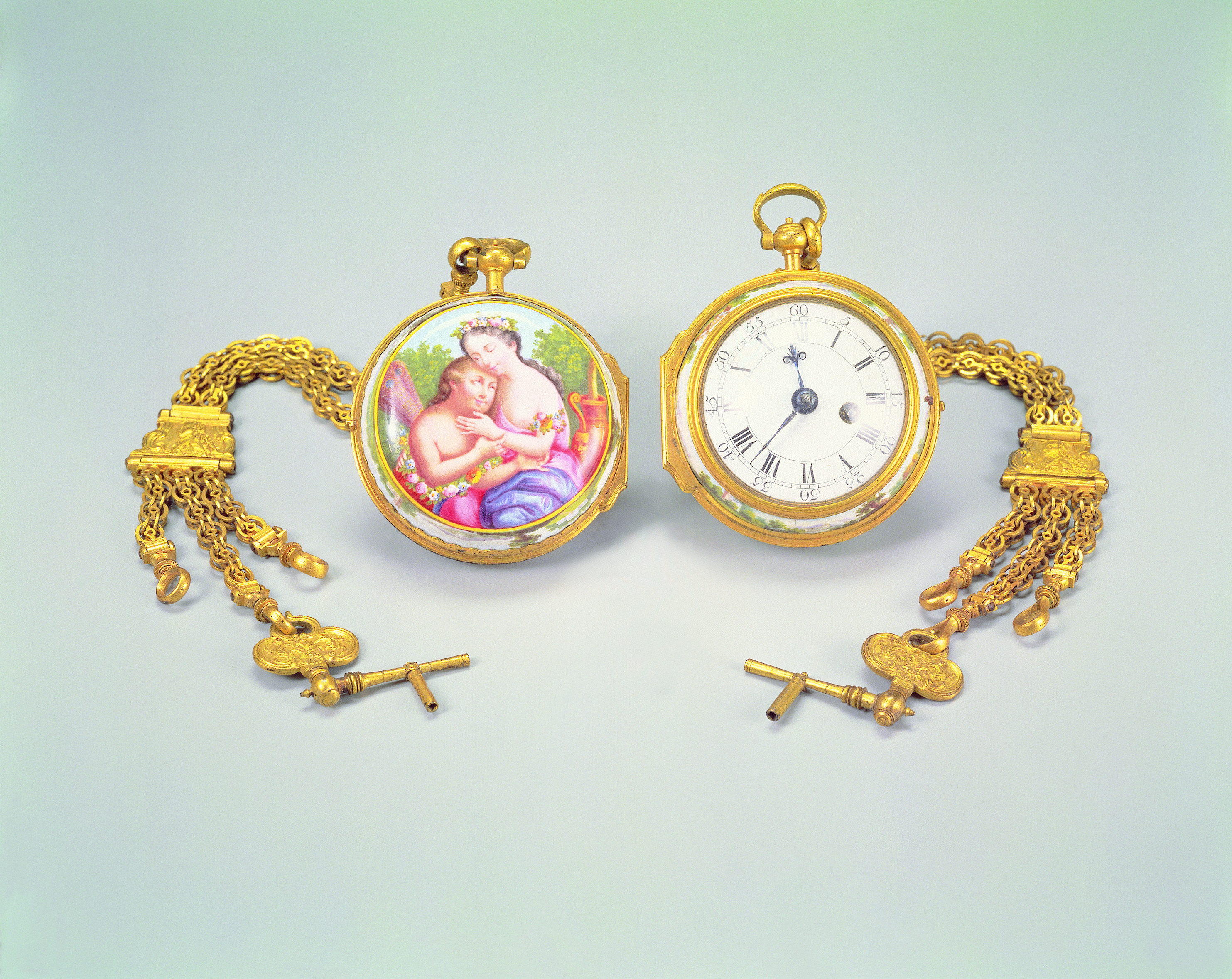 Two Gilt Gold Pocket Watches with Painted Enamelware