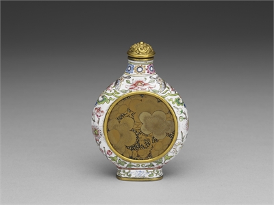 Copper Snuff Bottle with Plum Blossoms in Painted Enamelware