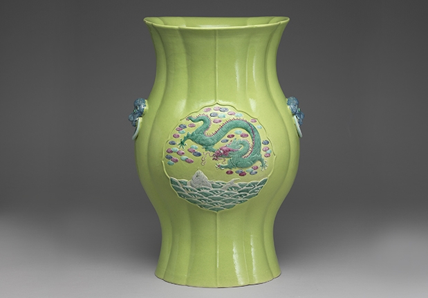 Floral Vase with Fish and Dragons on a Green Background