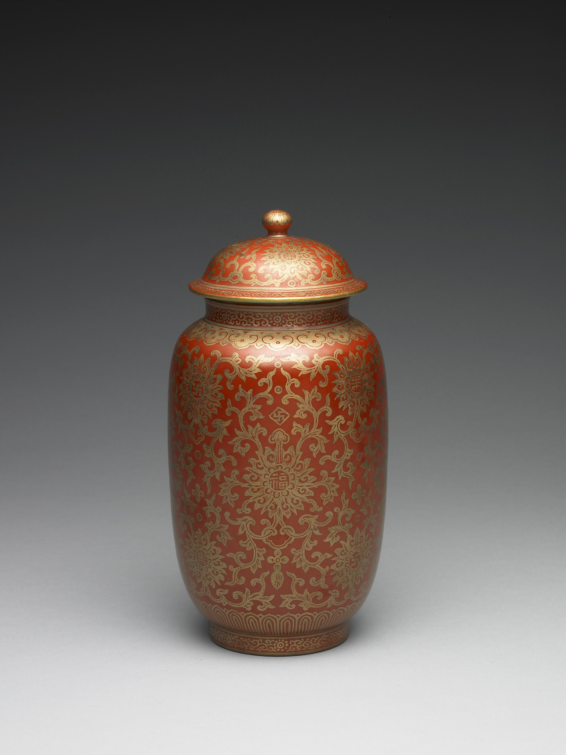 Jar with Myriad Blessings in Gold on a Red Ground