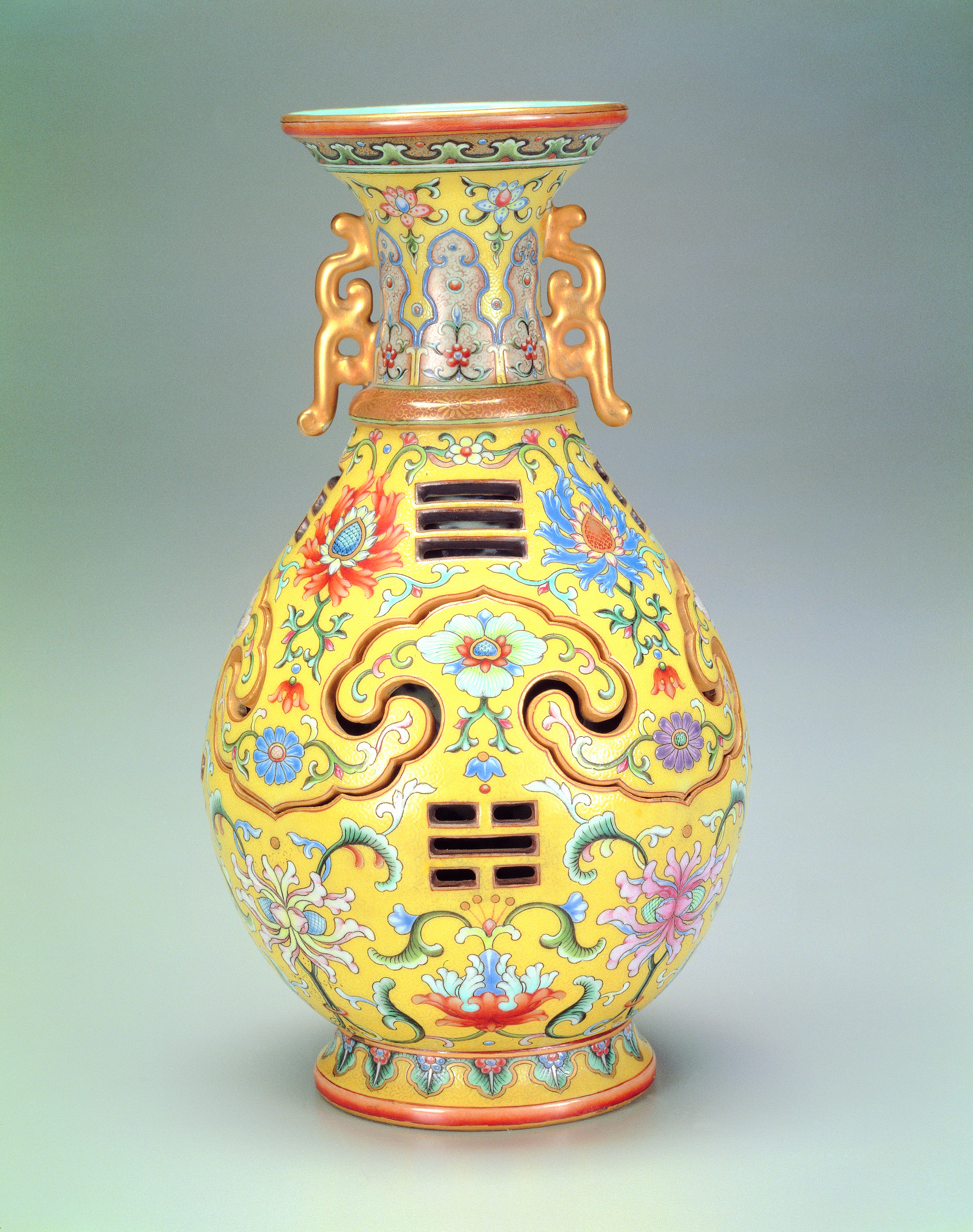 Revolving Vase in Yellow Glaze Famille Rose with Auspicious Motifs