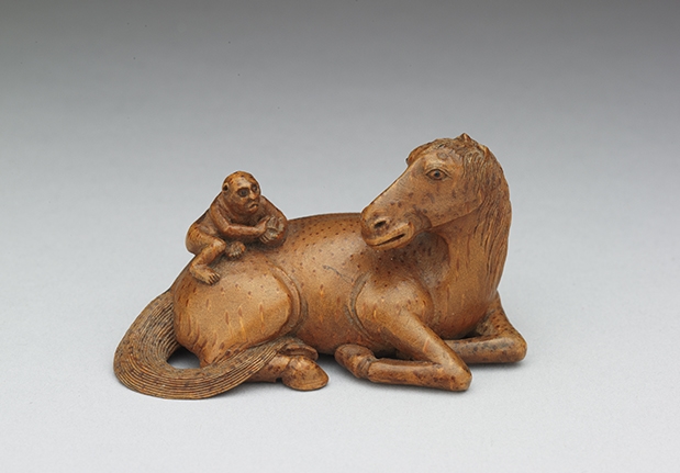 Bamboo Root Carving of Monkey on Horse, Symbolizing Good Wishes for Immediate Granting of a Peerage